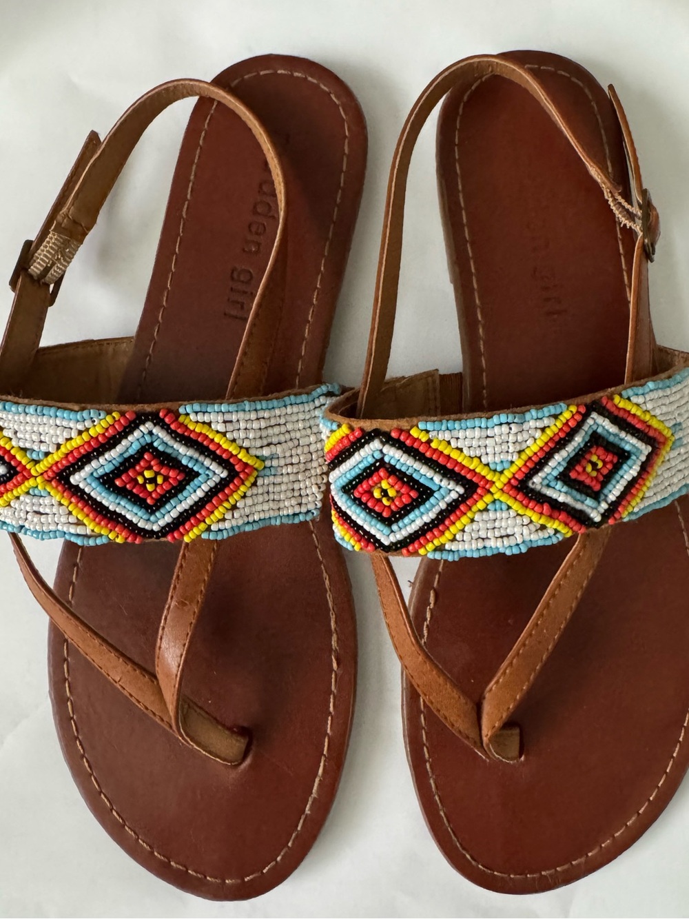 Madsen Girl Brown Leather Sandals with Multicolor Beaded Straps